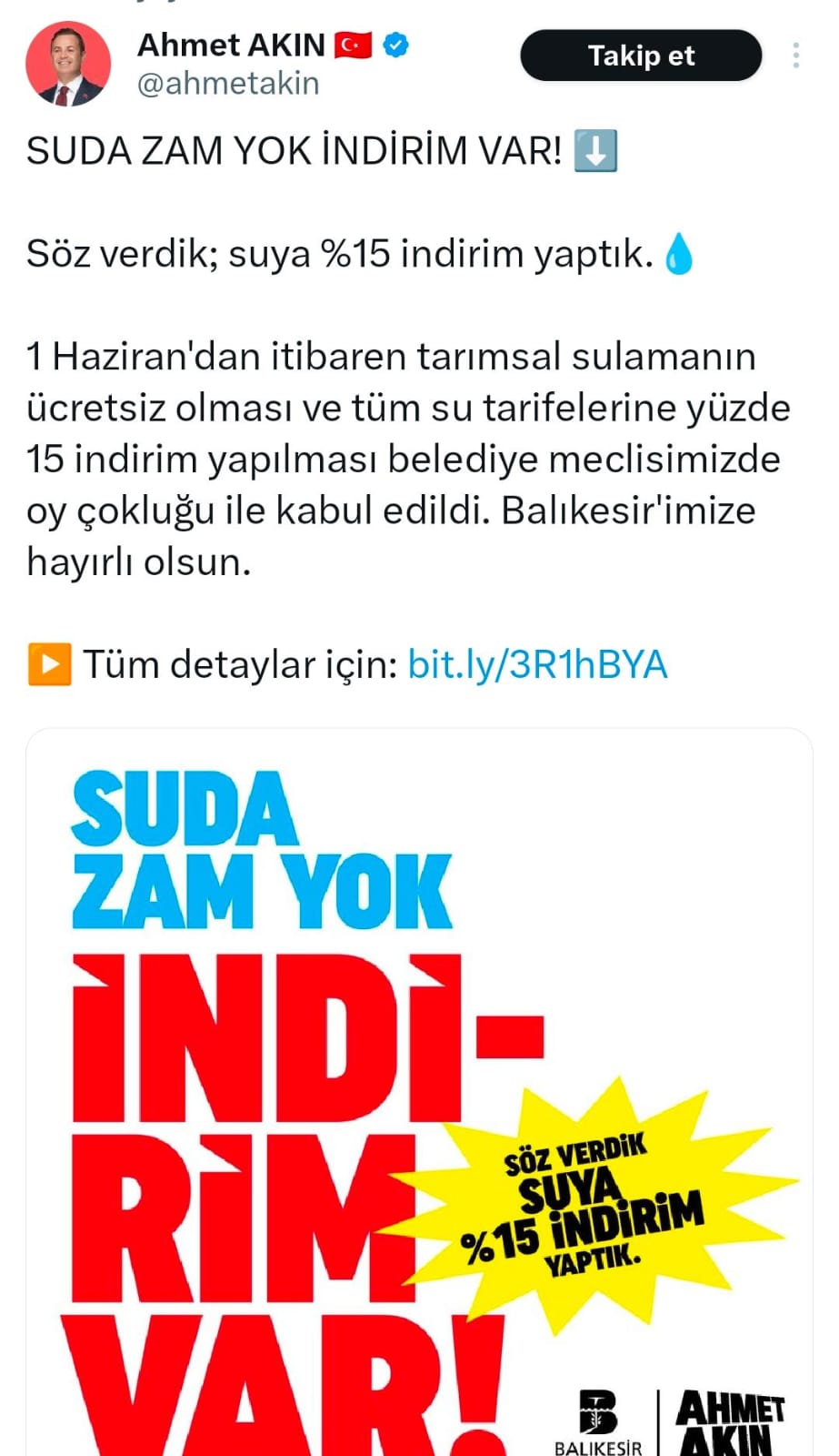 Balıkesir Büyükşehir Belediyesi' Suya Yüzde 15 Indirim Yaptı